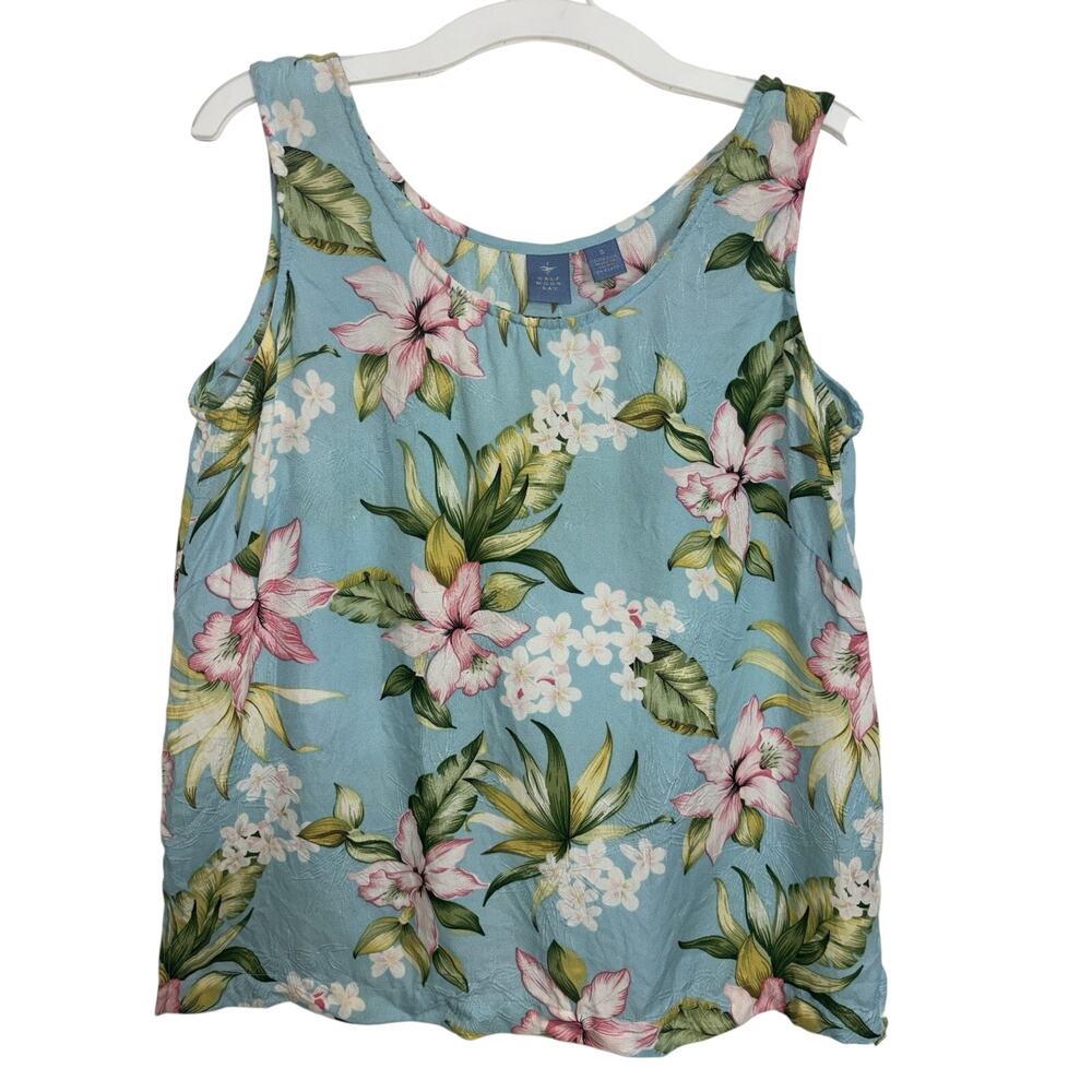 100% Silk Tropical Floral Sleeveless Tank Top Light Blue Boxy Beach Small
